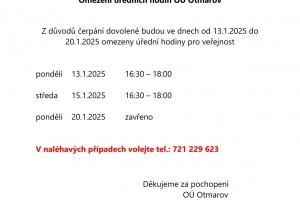 Omezení úředních hodin OÚ Otmarov - 13.1. - 20.1.2025